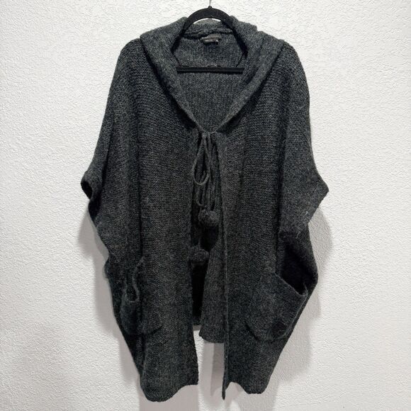 Bcbg Maxazria Wool Hooded Cape Women’s SM Charcoal Grey Tie Front Pom-Poms - Picture 1 of 8